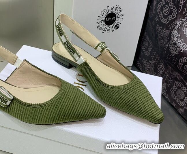 Shop Duplicate Dior J'Adior Slingback Ballerina Flat in Khaki Green Embroidered Cotton 3022325