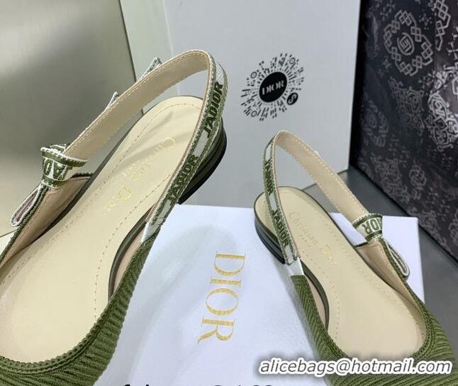 Shop Duplicate Dior J'Adior Slingback Ballerina Flat in Khaki Green Embroidered Cotton 3022325