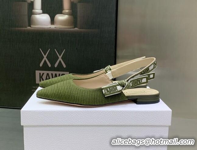 Shop Duplicate Dior J'Adior Slingback Ballerina Flat in Khaki Green Embroidered Cotton 3022325