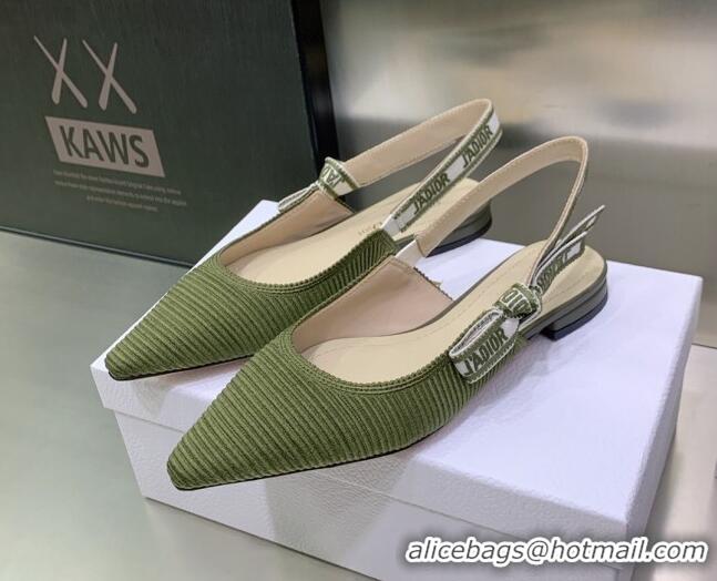 Shop Duplicate Dior J'Adior Slingback Ballerina Flat in Khaki Green Embroidered Cotton 3022325