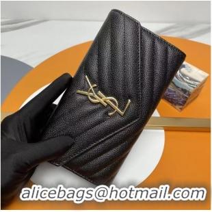 New Fashion Saint Laurent Original Leather Wallet in Grained Leather 437470 Black/Gold