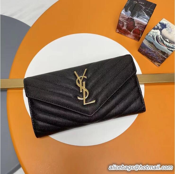 New Fashion Saint Laurent Original Leather Wallet in Grained Leather 437470 Black/Gold