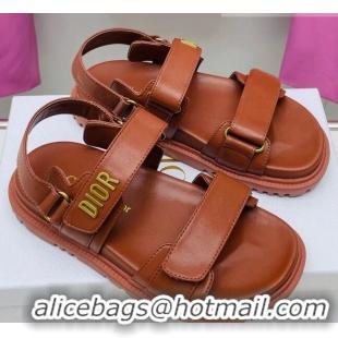 Best Price Dior DiorAct Calfskin Flat Strap Sandals Cognac Brown 022828