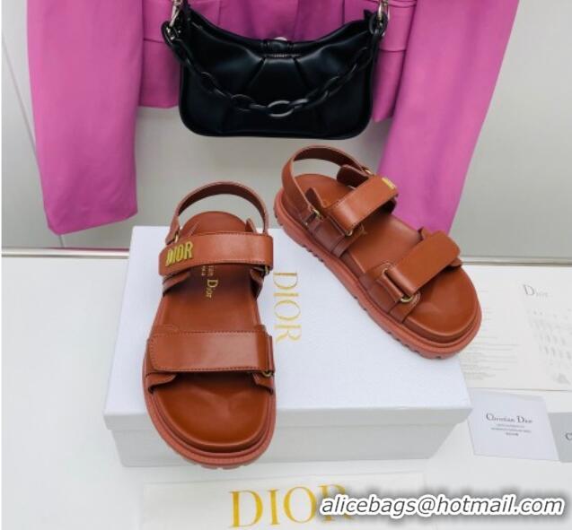 Best Price Dior DiorAct Calfskin Flat Strap Sandals Cognac Brown 022828