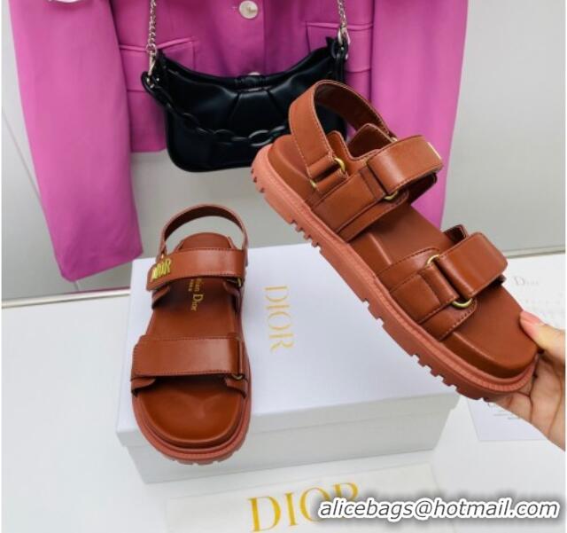 Best Price Dior DiorAct Calfskin Flat Strap Sandals Cognac Brown 022828