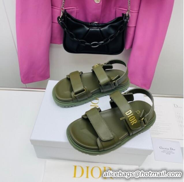 Hot Style Dior DiorAct Calfskin Flat Strap Sandals Khaki Green 022831