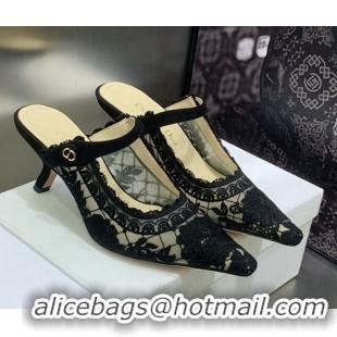 Classic Hot Dior Capture Heel Mules 6.5cm in Black Transparent Mesh and Suede Embroidered with Roses Motif 030221