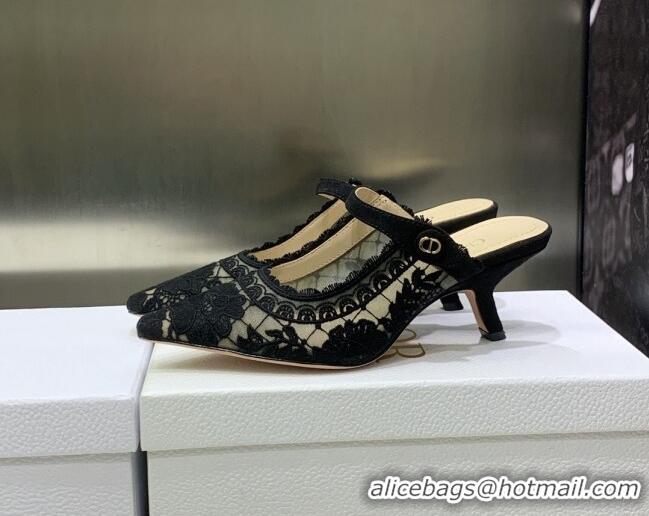 Classic Hot Dior Capture Heel Mules 6.5cm in Black Transparent Mesh and Suede Embroidered with Roses Motif 030221