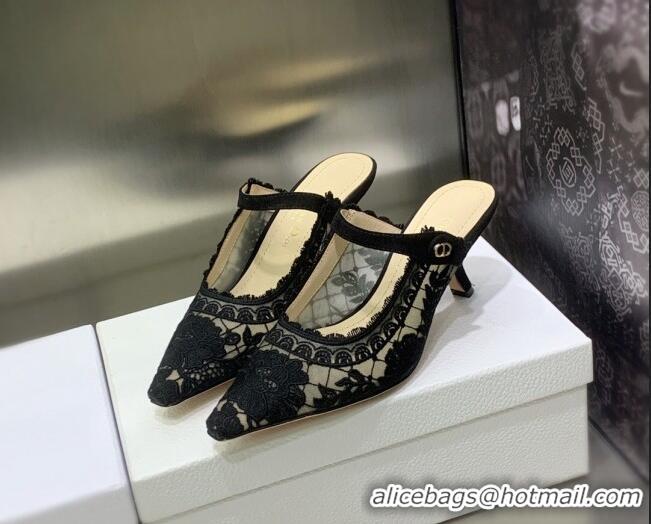 Classic Hot Dior Capture Heel Mules 6.5cm in Black Transparent Mesh and Suede Embroidered with Roses Motif 030221