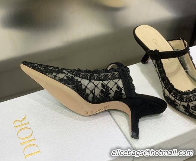 Classic Hot Dior Capture Heel Mules 6.5cm in Black Transparent Mesh and Suede Embroidered with Roses Motif 030221