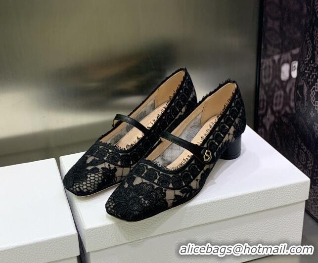 Purchase Dior D-Grace Ballet Pumps 3.5cm in Black Transparent Mesh and Lambskin with Roses Embroidery 030222