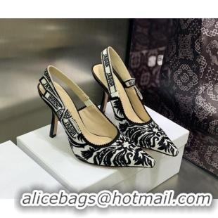 Best Grade Dior J'Adior Slingback Pumps 9.5cm in Black and White Embroidered Cotton 030226