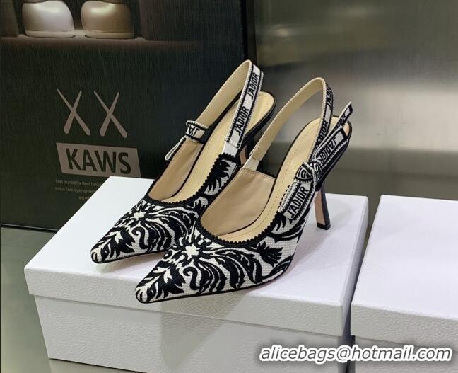 Best Grade Dior J'Adior Slingback Pumps 9.5cm in Black and White Embroidered Cotton 030226