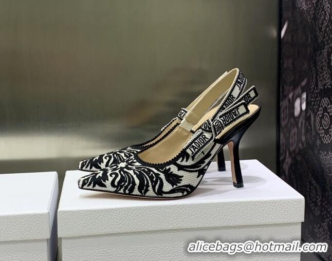 Best Grade Dior J'Adior Slingback Pumps 9.5cm in Black and White Embroidered Cotton 030226