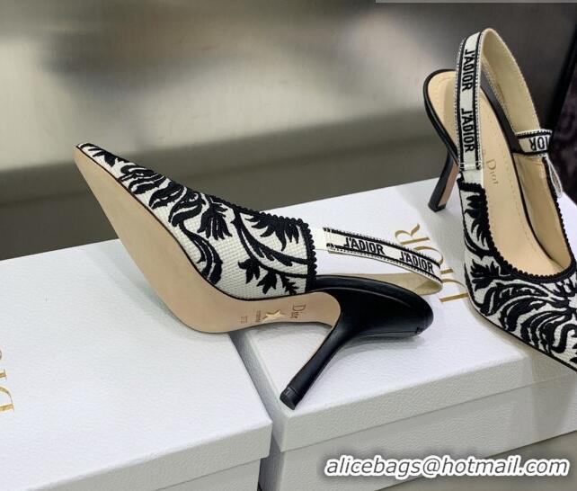 Best Grade Dior J'Adior Slingback Pumps 9.5cm in Black and White Embroidered Cotton 030226