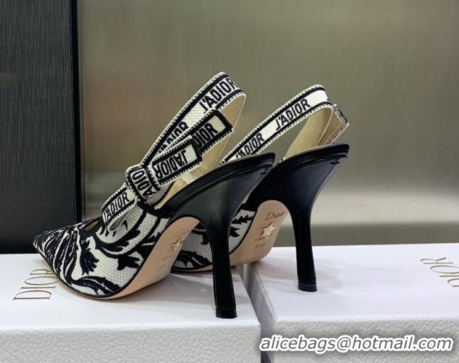 Best Grade Dior J'Adior Slingback Pumps 9.5cm in Black and White Embroidered Cotton 030226