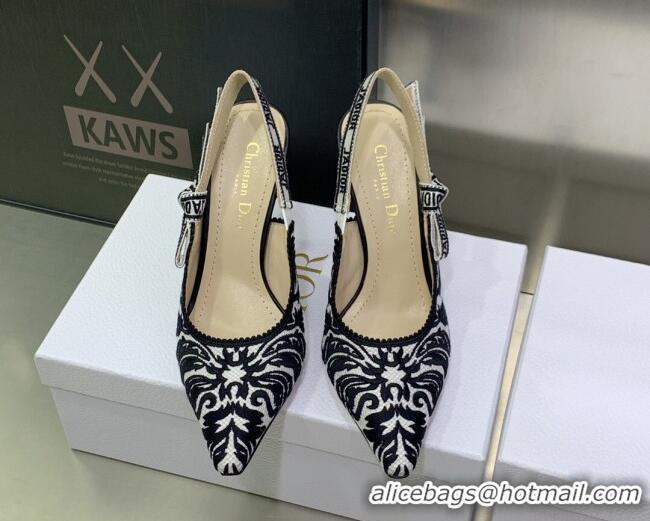 Best Grade Dior J'Adior Slingback Pumps 9.5cm in Black and White Embroidered Cotton 030226