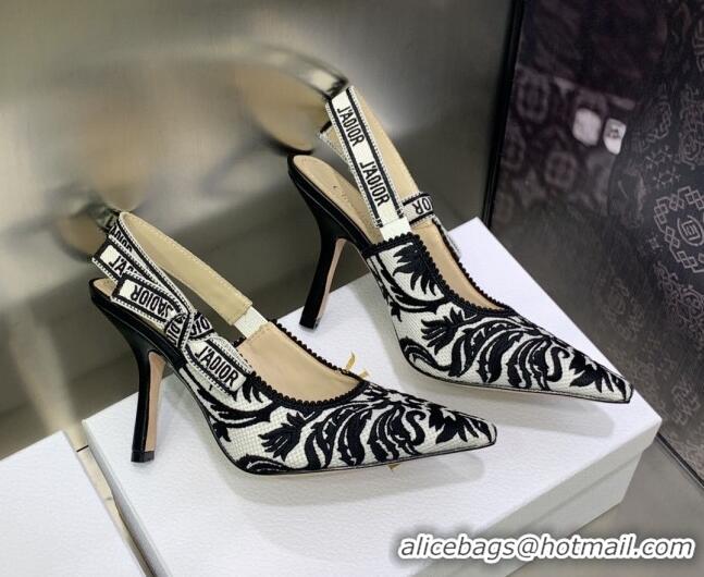 Best Grade Dior J'Adior Slingback Pumps 9.5cm in Black and White Embroidered Cotton 030226