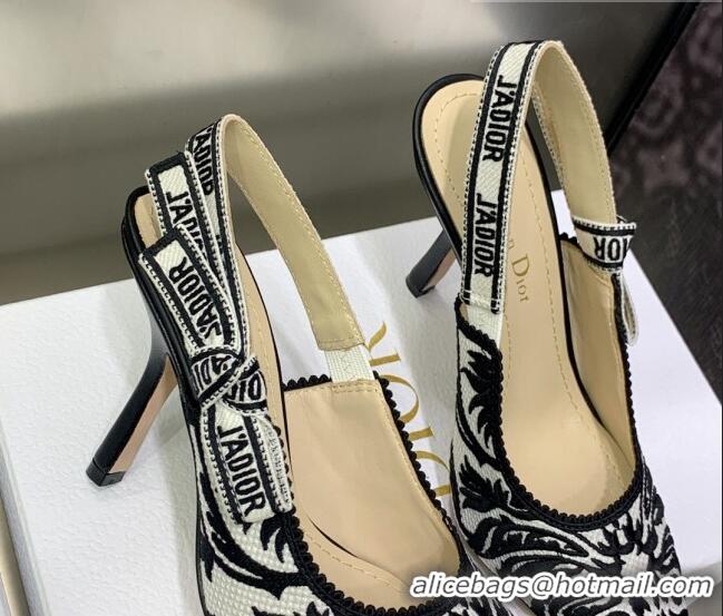 Best Grade Dior J'Adior Slingback Pumps 9.5cm in Black and White Embroidered Cotton 030226