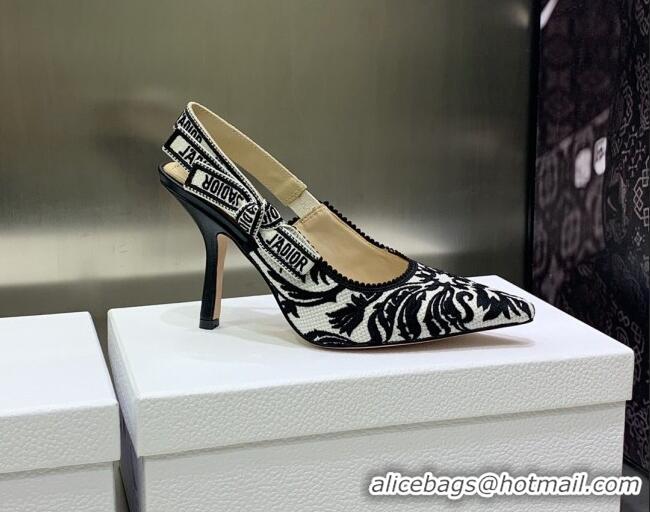 Best Grade Dior J'Adior Slingback Pumps 9.5cm in Black and White Embroidered Cotton 030226