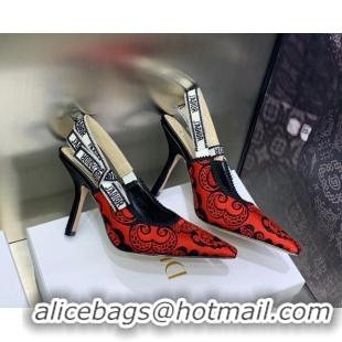 Luxurious Dior J'Adior Slingback Pumps 9.5cm in Black and Red Cotton with Bandana Embroidery 030231