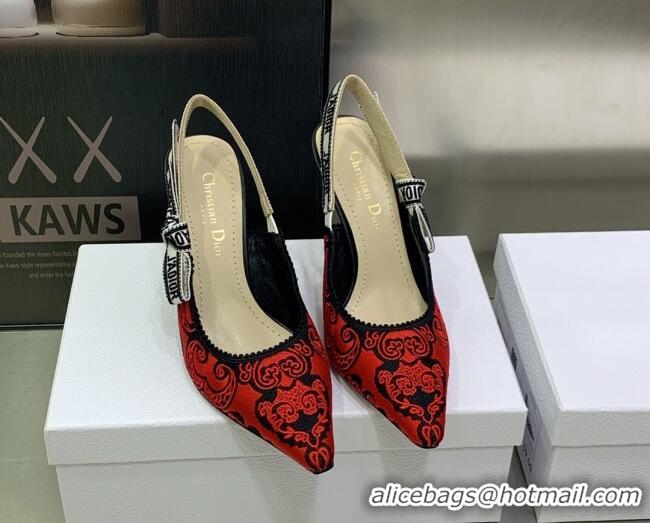 Luxurious Dior J'Adior Slingback Pumps 9.5cm in Black and Red Cotton with Bandana Embroidery 030231