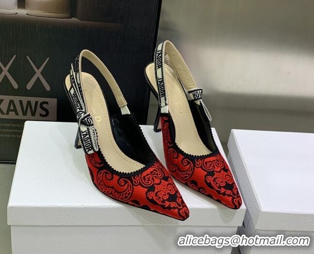 Luxurious Dior J'Adior Slingback Pumps 9.5cm in Black and Red Cotton with Bandana Embroidery 030231