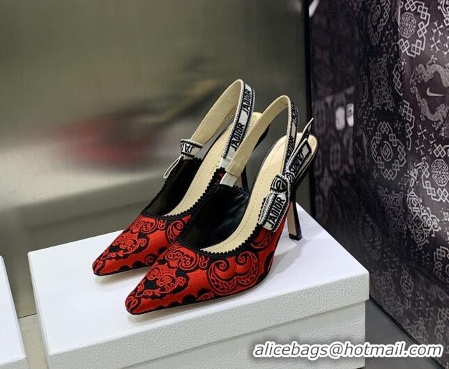 Luxurious Dior J'Adior Slingback Pumps 9.5cm in Black and Red Cotton with Bandana Embroidery 030231