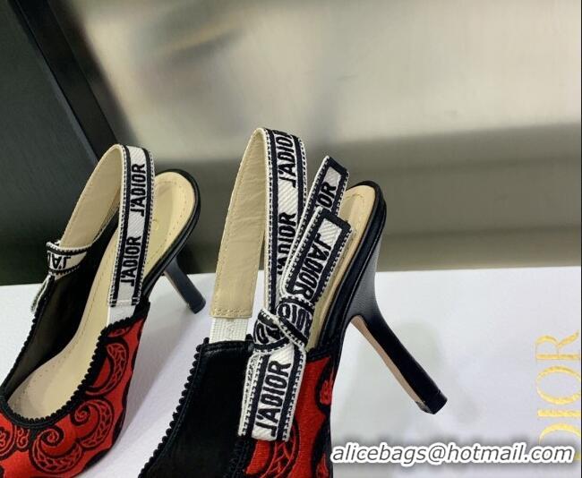 Luxurious Dior J'Adior Slingback Pumps 9.5cm in Black and Red Cotton with Bandana Embroidery 030231