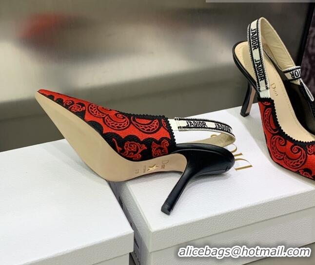 Luxurious Dior J'Adior Slingback Pumps 9.5cm in Black and Red Cotton with Bandana Embroidery 030231