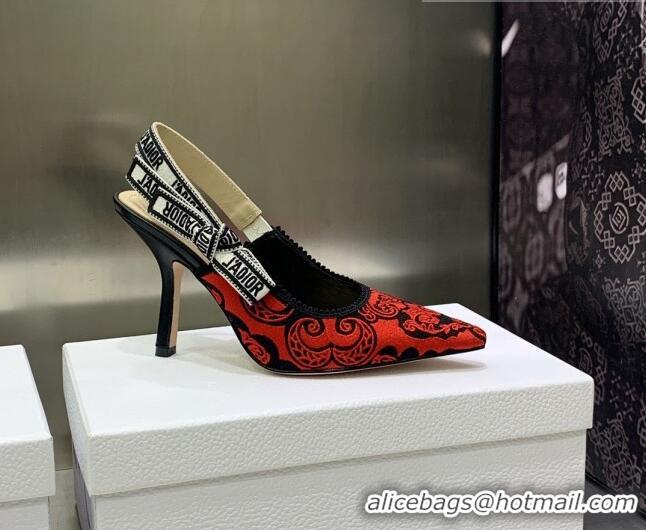 Luxurious Dior J'Adior Slingback Pumps 9.5cm in Black and Red Cotton with Bandana Embroidery 030231