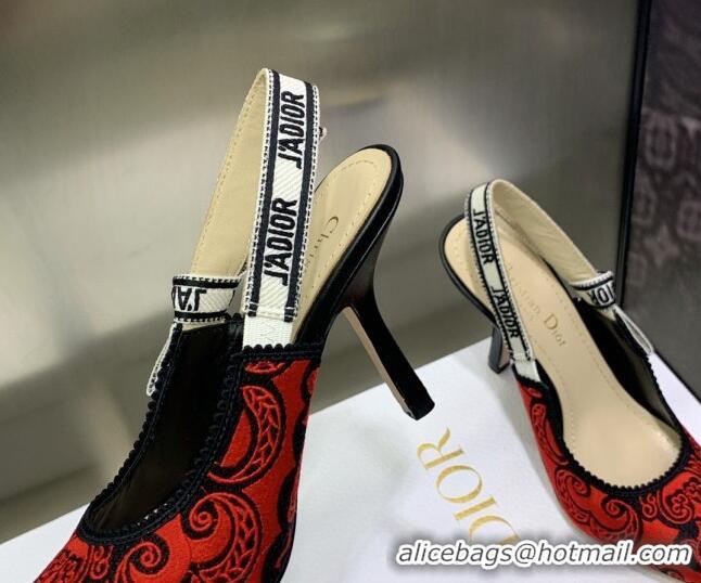 Luxurious Dior J'Adior Slingback Pumps 9.5cm in Black and Red Cotton with Bandana Embroidery 030231