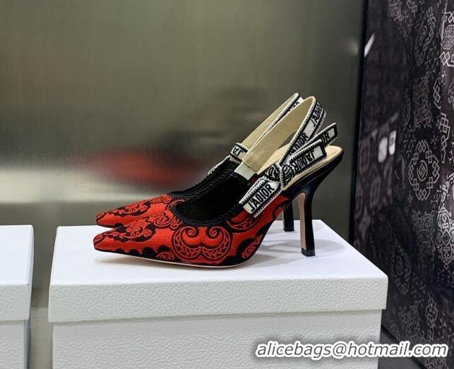 Luxurious Dior J'Adior Slingback Pumps 9.5cm in Black and Red Cotton with Bandana Embroidery 030231