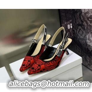 Stylish Dior J'Adior Slingback Pumps 6.5cm in Black and Red Cotton with Bandana Embroidery 030232