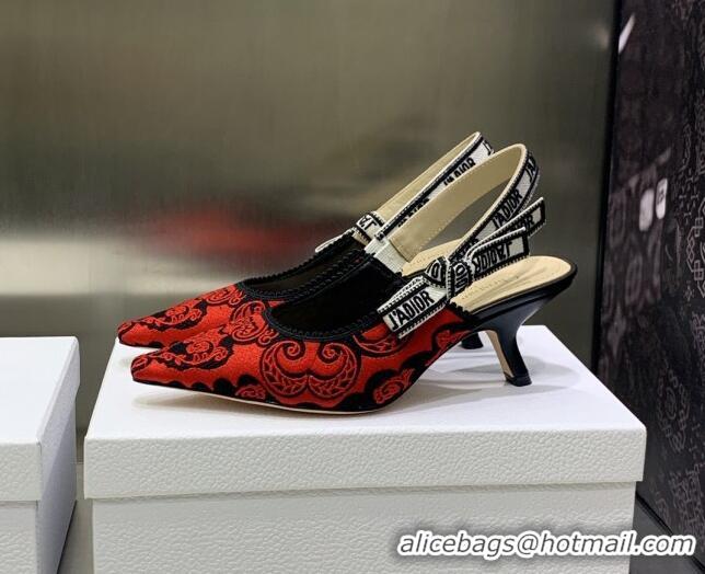 Stylish Dior J'Adior Slingback Pumps 6.5cm in Black and Red Cotton with Bandana Embroidery 030232