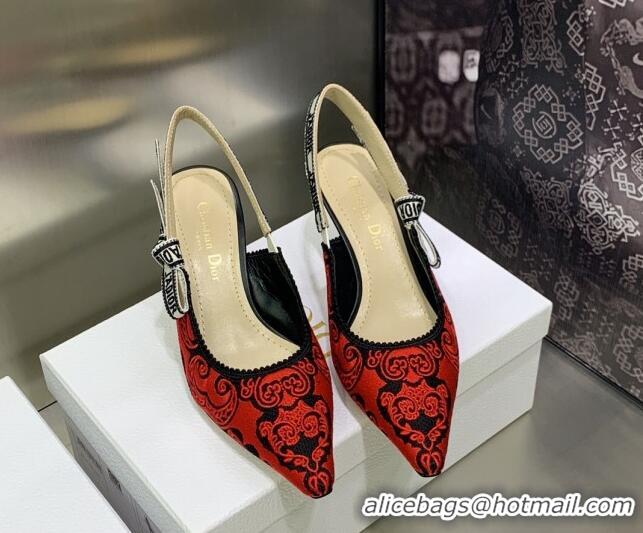 Stylish Dior J'Adior Slingback Pumps 6.5cm in Black and Red Cotton with Bandana Embroidery 030232