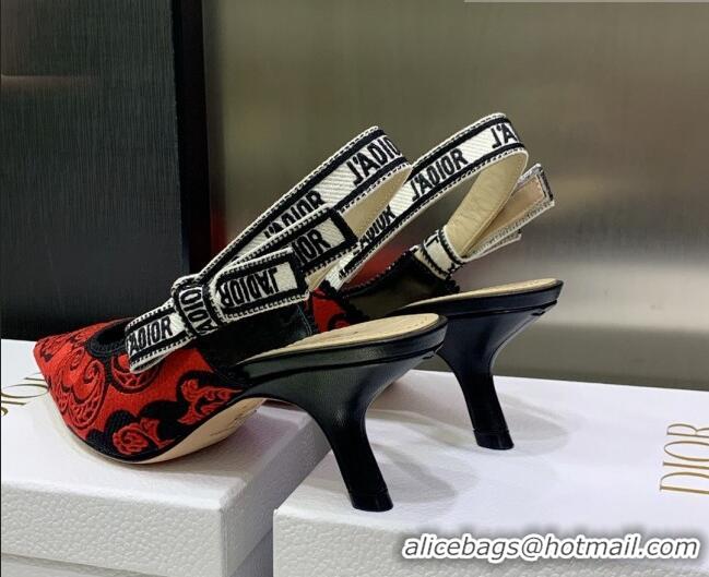 Stylish Dior J'Adior Slingback Pumps 6.5cm in Black and Red Cotton with Bandana Embroidery 030232