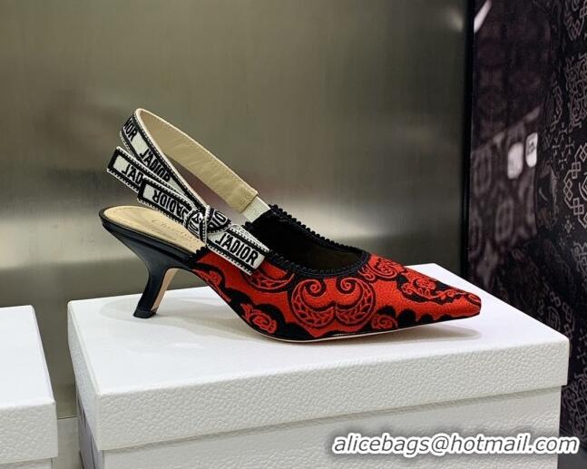 Stylish Dior J'Adior Slingback Pumps 6.5cm in Black and Red Cotton with Bandana Embroidery 030232