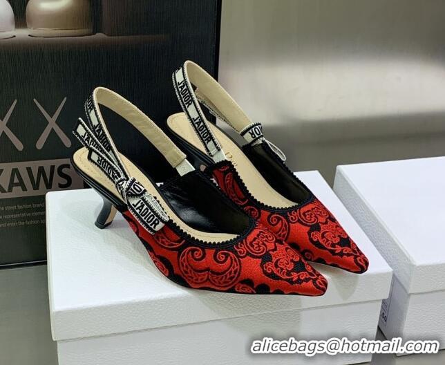 Stylish Dior J'Adior Slingback Pumps 6.5cm in Black and Red Cotton with Bandana Embroidery 030232