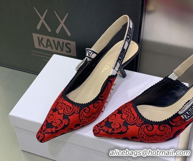 Stylish Dior J'Adior Slingback Pumps 6.5cm in Black and Red Cotton with Bandana Embroidery 030232