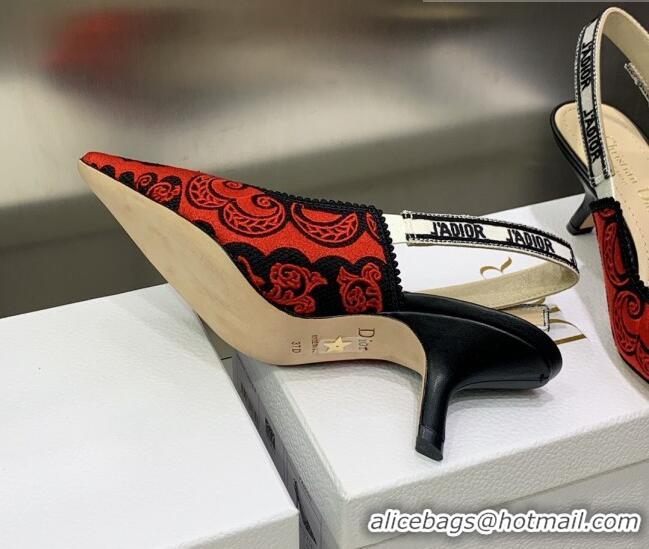 Stylish Dior J'Adior Slingback Pumps 6.5cm in Black and Red Cotton with Bandana Embroidery 030232