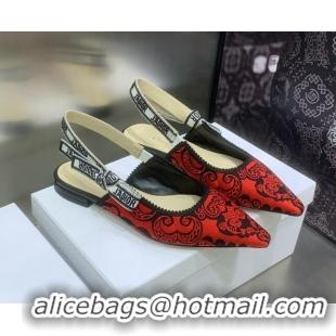 Sumptuous Dior J'Adior Slingback Ballerina Flat in Black and Red Cotton with Bandana Embroidery 030233