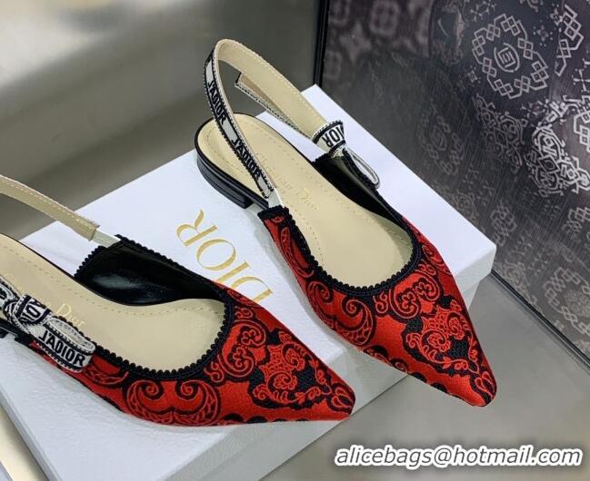 Sumptuous Dior J'Adior Slingback Ballerina Flat in Black and Red Cotton with Bandana Embroidery 030233