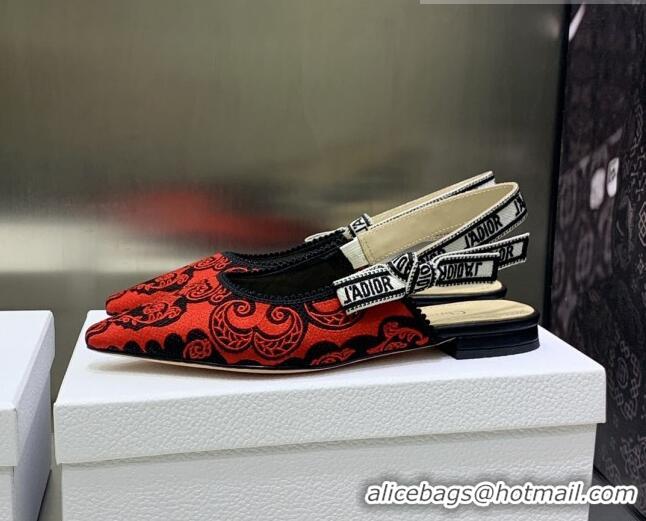 Sumptuous Dior J'Adior Slingback Ballerina Flat in Black and Red Cotton with Bandana Embroidery 030233