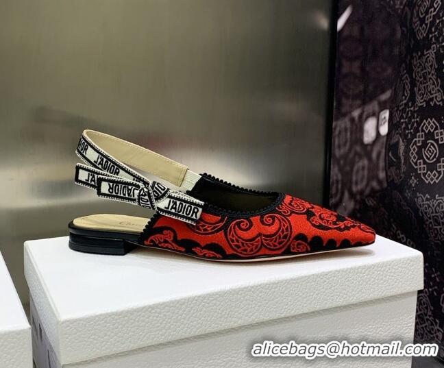 Sumptuous Dior J'Adior Slingback Ballerina Flat in Black and Red Cotton with Bandana Embroidery 030233