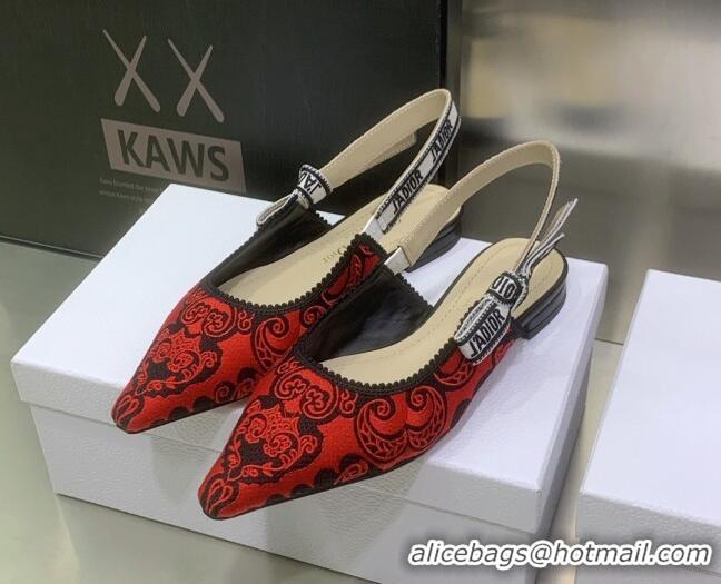 Sumptuous Dior J'Adior Slingback Ballerina Flat in Black and Red Cotton with Bandana Embroidery 030233