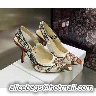 Perfect Dior J'Adior Slingback Pumps 9.5cm in White Multicolor Embroidered Cotton with Jardin Botanique Motif 030234