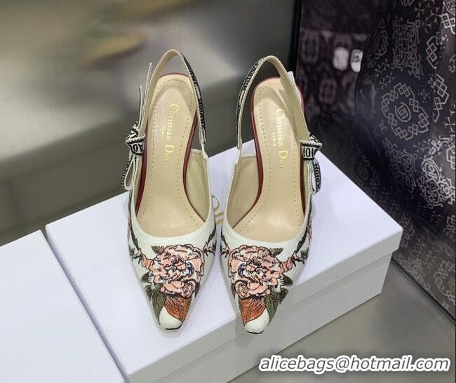 Perfect Dior J'Adior Slingback Pumps 9.5cm in White Multicolor Embroidered Cotton with Jardin Botanique Motif 030234