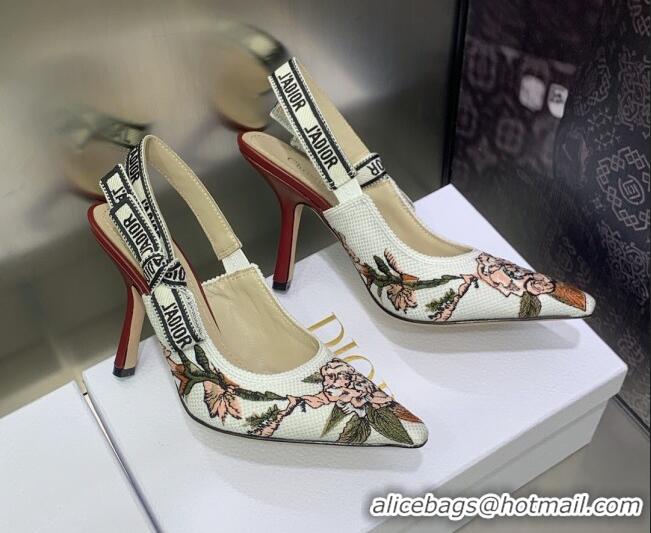 Perfect Dior J'Adior Slingback Pumps 9.5cm in White Multicolor Embroidered Cotton with Jardin Botanique Motif 030234