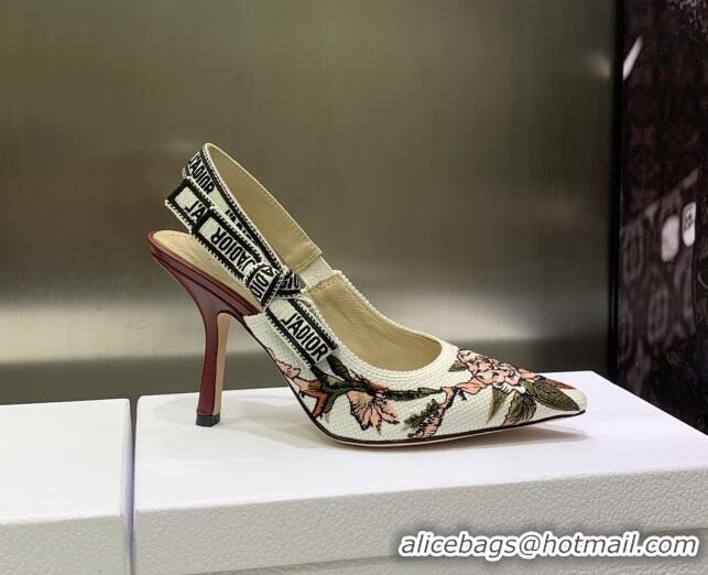 Perfect Dior J'Adior Slingback Pumps 9.5cm in White Multicolor Embroidered Cotton with Jardin Botanique Motif 030234